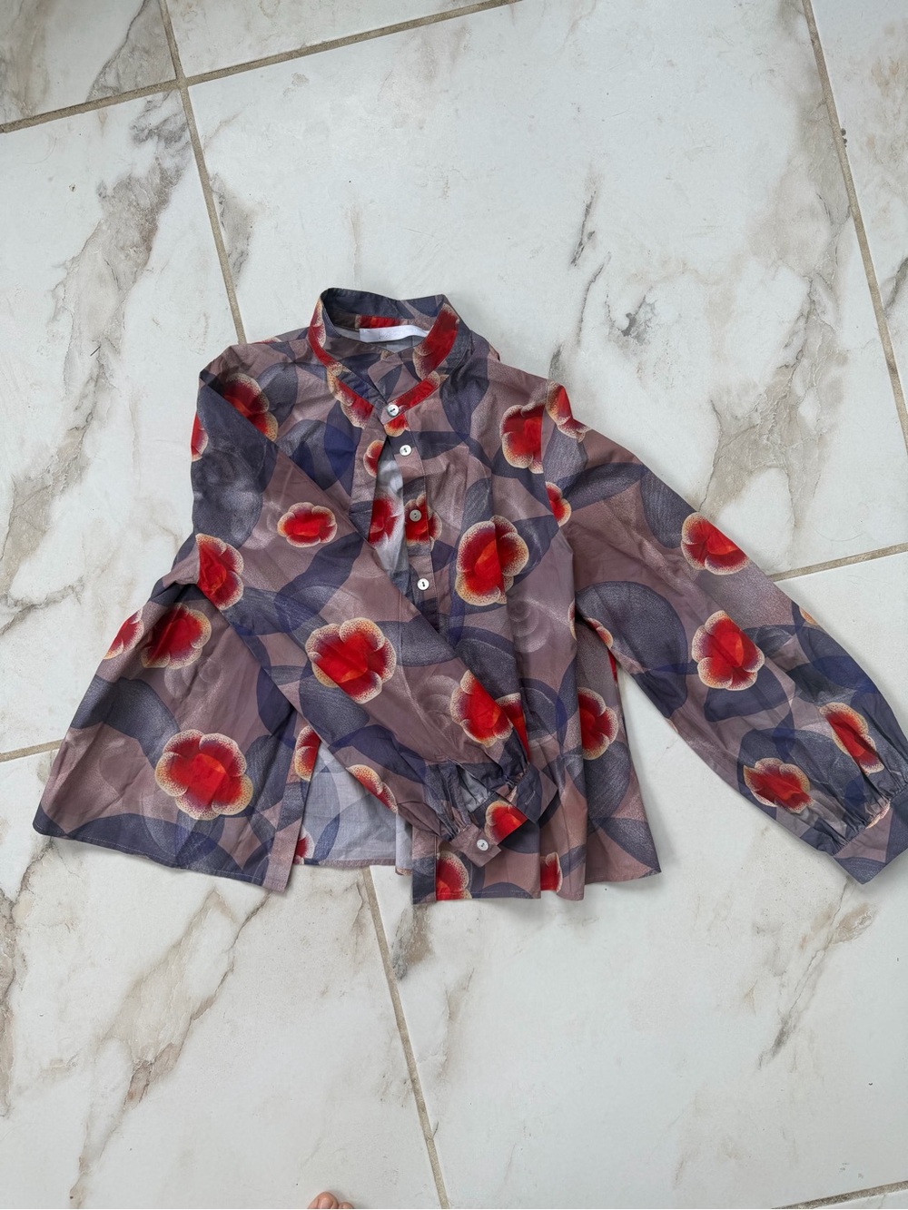 Sheer Floral Button-Up Blouse in Red and Navy